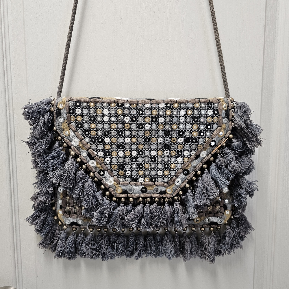 Fringed Gray Beaded Women's Bag